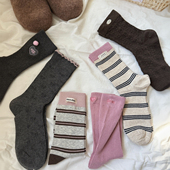 可露丽配色太好看啦 微压条纹无骨袜子女ins撞色复古布标中筒袜