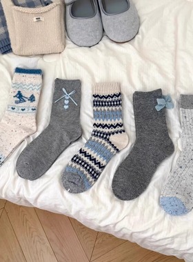 灰色系网红款加厚保暖羊毛袜撞色条纹卡通立体蝴蝶结中筒袜堆堆袜