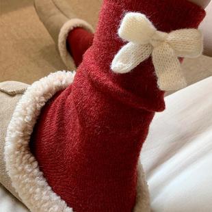 蝴蝶结大红色加厚堆堆袜子女 本命年闭眼入 复古红 立体感简直了