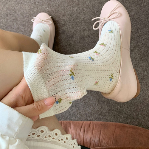 纯棉无骨透气碎花袜子女春夏薄款小清新春秋款百搭堆堆中筒袜子