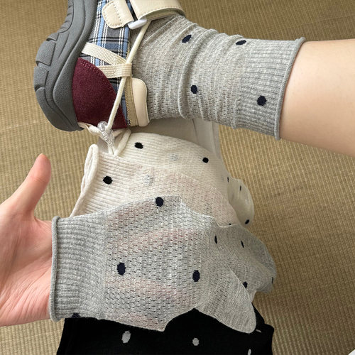 波点中筒袜配凉鞋芭蕾风长袜夏天灰色堆堆袜子女夏季薄款透气袜子
