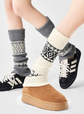 复古费尔岛堆堆袜套秋冬保暖配雪地靴打底裤羊毛加厚灰色小腿套