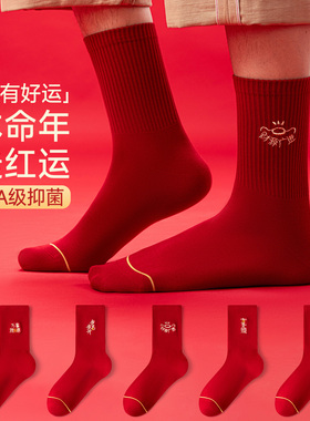 2026马年本命年红色袜子男款纯棉防臭抗菌刺绣男袜大红色新年礼物