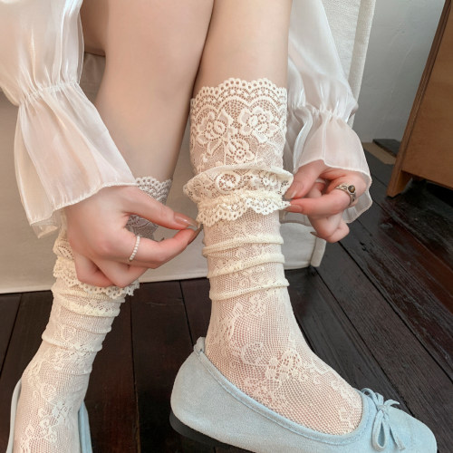 春夏超薄蕾丝花边小腿袜女甜美纯欲奶白色堆堆袜显瘦复古黑色长筒