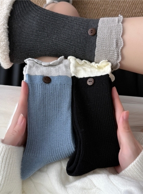 秋冬简约花瓣丝绒罗口纽扣韩系ins白蓝色花边jk风棉袜配饰堆堆袜