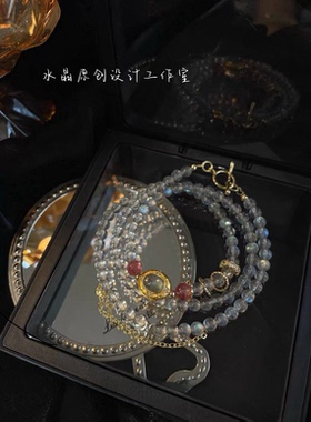 【灰月光=恋人之石】天然蓝光冰种月光石手链拉长石水晶睡眠情感