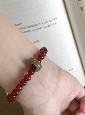 新中式国风复古红玛瑙和田玉跑环红绿撞色圆珠手串