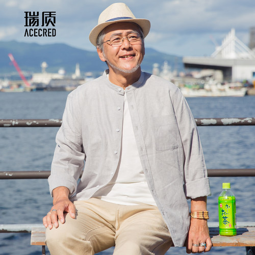 爸爸薄款宽松棉麻衬衫长袖衬衣