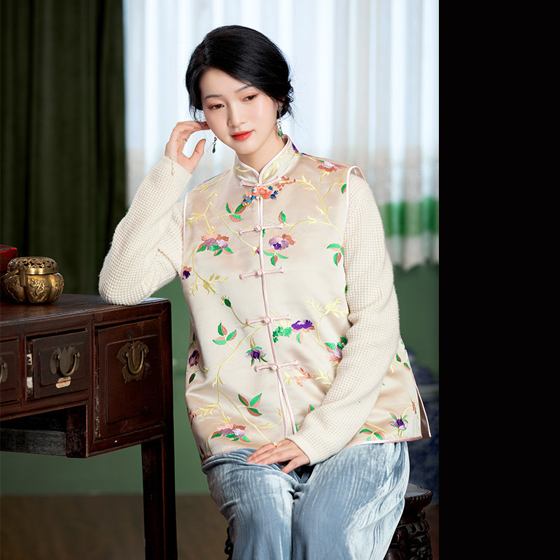 pcy1338温柔杏中式绣花小衫刺绣马甲坎肩复古国风马褂女洋气秋冬