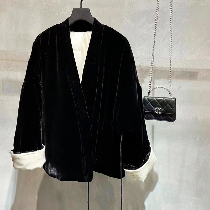 csz139真丝丝绒v领外套棉服中式小袄复古棉衣秋冬保暖棉袄女
