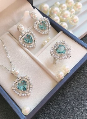浅蓝爱心珍珠钛钢不掉色吊坠项链女配饰百搭高级首饰套装耳钉戒指