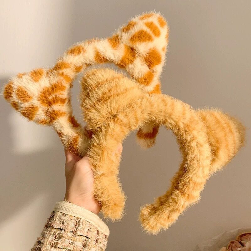 金貂毛老虎纹卡通花纹猫耳朵发箍洗脸头箍毛绒秋冬豹纹斑点发卡女