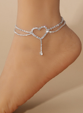 时尚多层沙滩脚链 欧美个性街拍水钻爱心脚饰 跨境流苏配饰anklet
