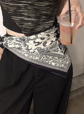 经典百搭丝巾配饰黑白藏青腰果丝巾方巾女民族风丝巾系腰腰封