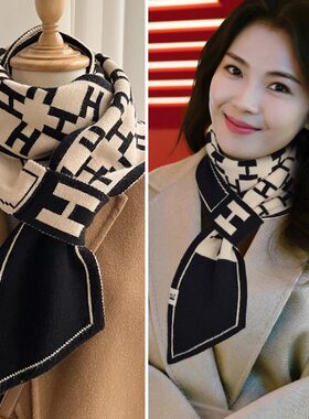 千鸟格小围巾秋冬季韩版百搭加厚保暖装饰围脖斜角边女士围巾