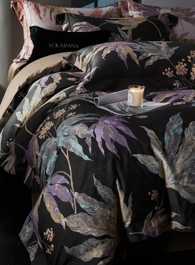 SOLARANA 120支全棉海岛棉四件套纯棉贡缎印花长绒棉被套床单床笠