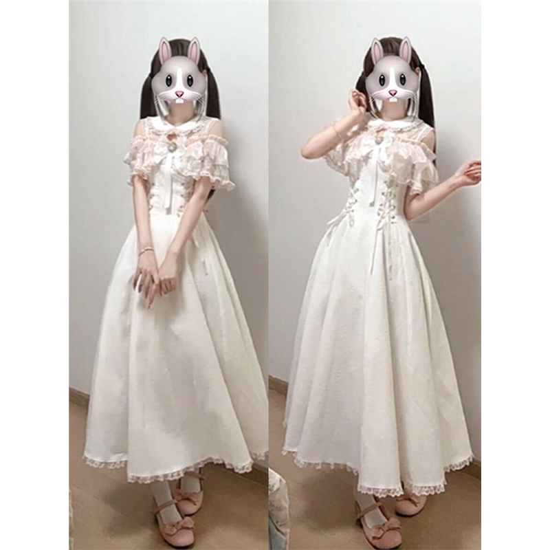 春日嫣礼 甜美日系清楚系温柔Lolita露肩蕾丝系带收腰连衣长裙女