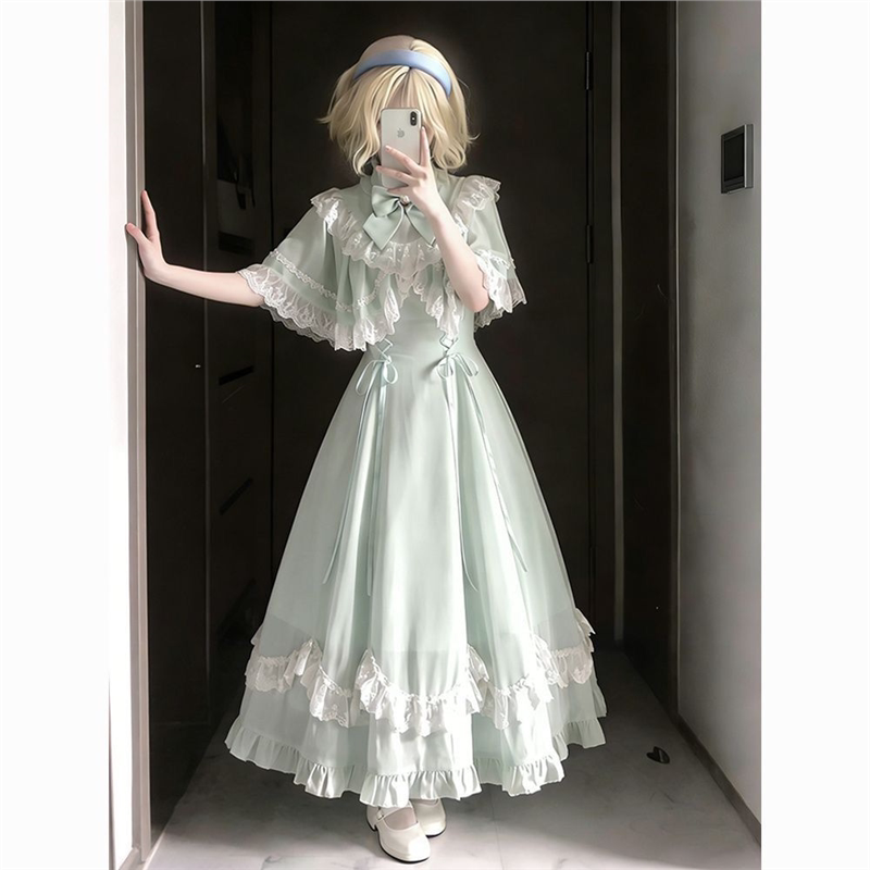 青苹果绿 Lolita新款蝴蝶结蕾丝夏季甜美斗篷连衣裙系带收腰长裙