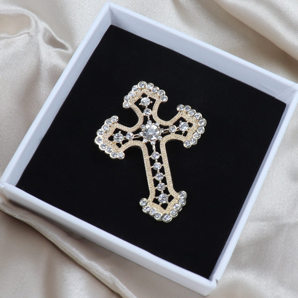 复古合金镶钻罗马刻文十字架满钻胸针胸花