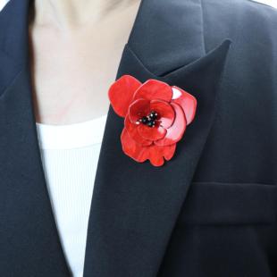 Vintage古着饰品大气红色双层花卉植物罂粟花胸针胸花