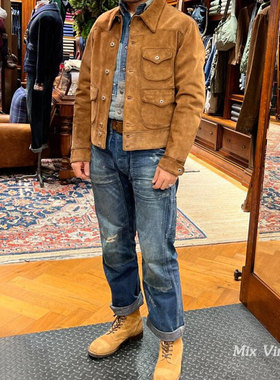 美国正品RRL四季翻毛皮衣三袋麂皮夹克机车皮衣double rl皮夹克