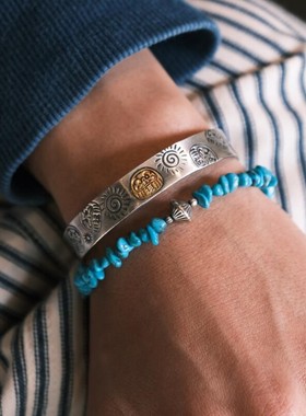 美国天然绿松石925银珠手链复古做旧达摩手镯包金情侣饰品礼物