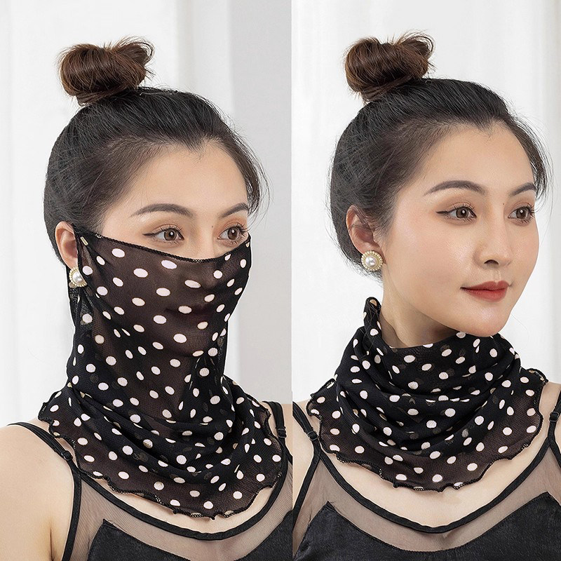 夏季薄款面纱防晒面罩遮脸挂耳透气纱巾防晒防紫外线围脖印花蕾丝