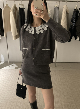 KITTIN-韩系复古甜美花边开衫毛衣+高腰半身裙套装10596-AW25