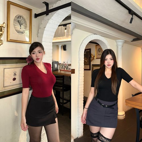 大码性感辣妹风V领短袖T恤女