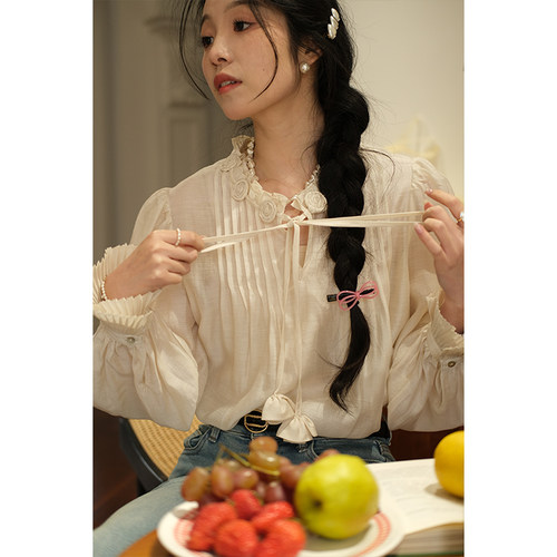 壹晓晓【清仓8.5折】领口手工玫瑰花朵系带衬衫女百搭法式上衣