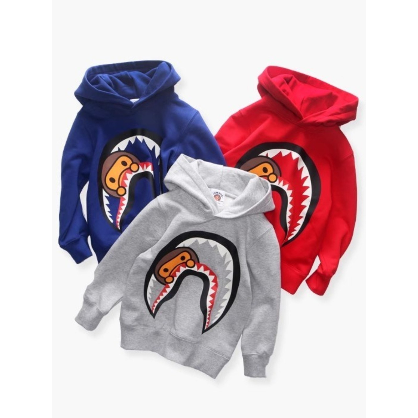 日系潮牌卡猴鲨鱼儿童连帽卫衣秋冬加绒套头衫男童打底上衣中大童