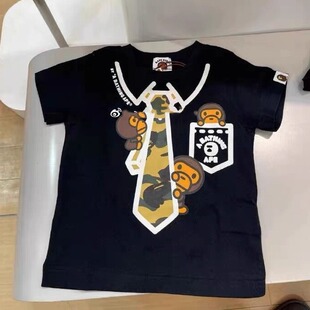 日系潮牌迷彩假领带儿童短袖T恤夏装2025新款男女童卡通休闲上衣