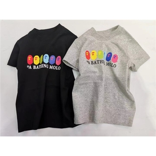 日系潮牌彩色猿人头字母男童女童短袖T恤中大童卡通休闲宝宝T恤