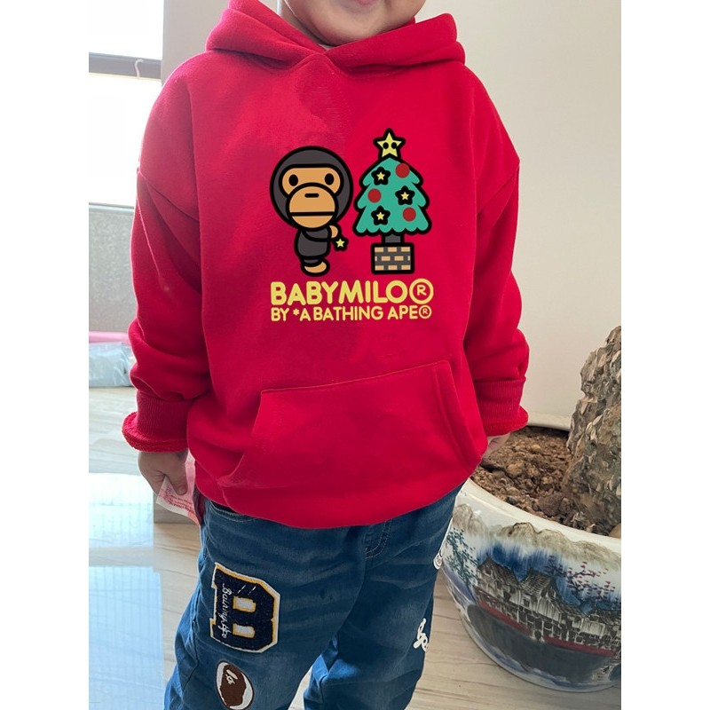 日系潮牌一体绒男女童卫衣中大童上衣圣诞儿童加绒连帽衫秋冬装