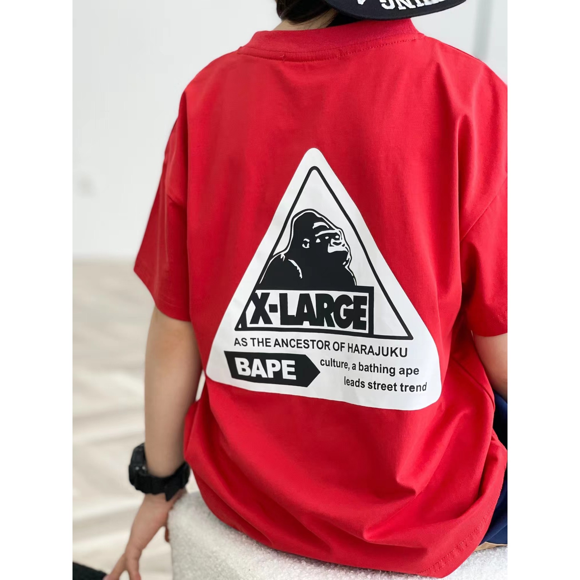 日系猿人字母三角标卡通印花儿童圆领休闲上衣男女童纯棉短袖T恤