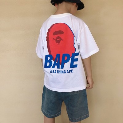 日系潮牌夏装新款猿人头男女儿童圆领纯色休闲上衣中大童短袖t恤