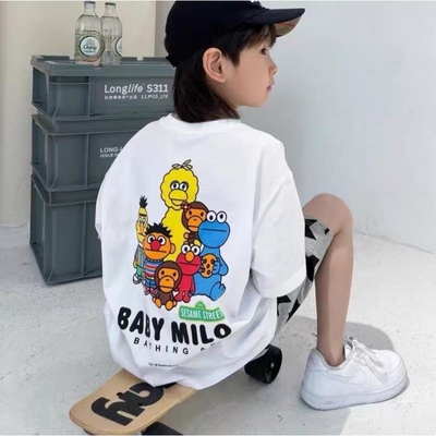 日系潮牌芝麻街儿童卡通休闲体恤夏装男童纯棉短袖T恤女童中小童