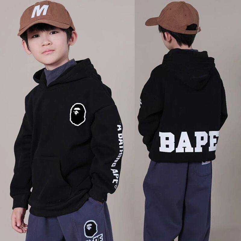 日系潮牌秋冬bape儿童卫衣字母印花男童连帽套头衫中大童休闲上衣