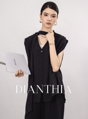DianThia飘带V领黑色衬衫女2026夏季新款无袖气质轻奢优雅风衬衣