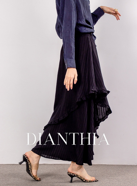 DianThia双层花边条纹半身裙女法式浪漫风黑色不规则层次感蛋糕裙