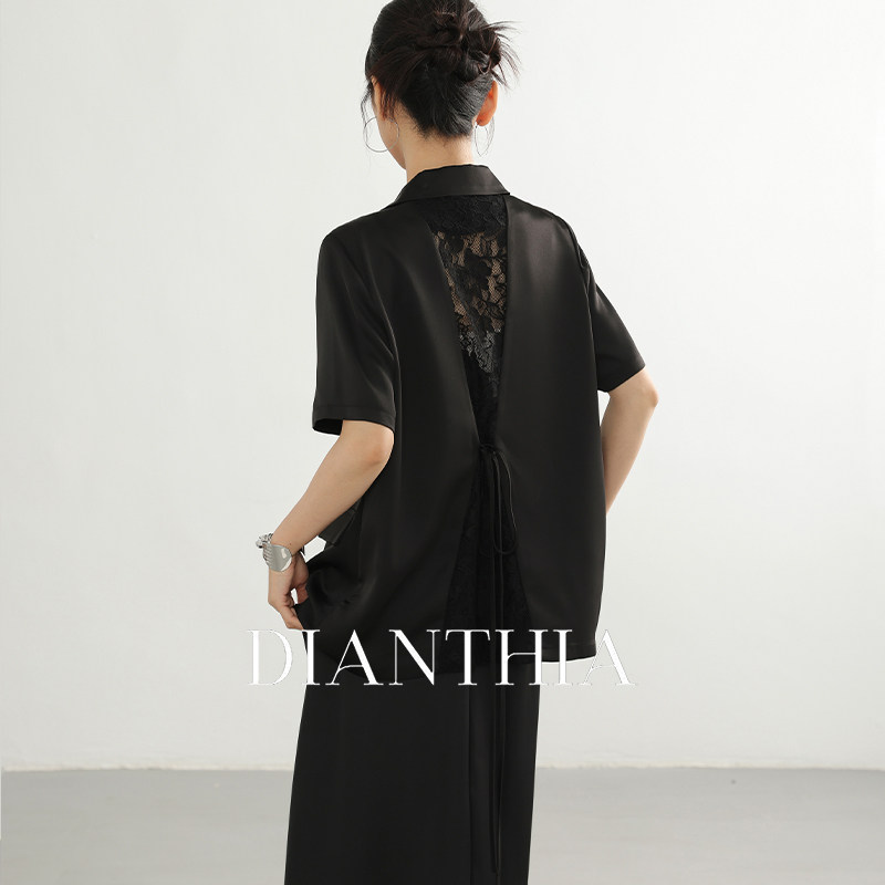 DianThia超好看蕾丝拼接缎面西装外套女夏季2025新款短袖收腰西服