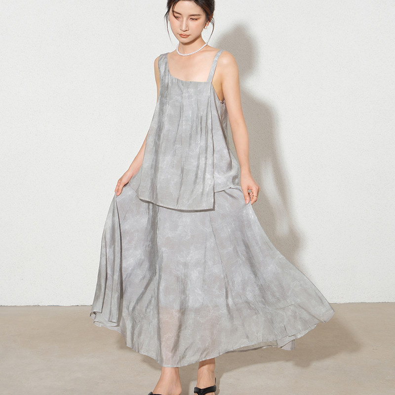 不规则背心上衣+半身裙休闲套装夏高级感花灰无袖吊带长裙两件套