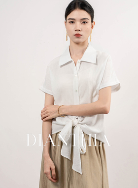 DianThia设计感收腰绑带衬衫女短袖夏季白色宽松显瘦高级感衬衣薄