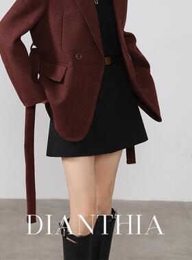 DianThia黑色毛呢裤裙小个子秋季款高腰显瘦A字半身裙包臀裙短裙