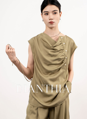 DianThia设计感斜门襟褶皱天丝无袖上衣女通勤穿搭轻熟优雅风