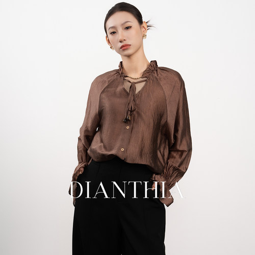 法式温柔风木耳边系带衬衫女焦糖