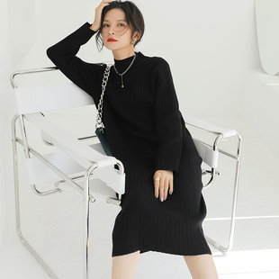 黑色针织毛衣连衣裙子女秋冬小个子收腰显瘦内搭过膝长袖过膝长裙