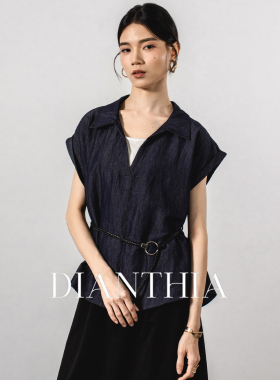 DianThia牛仔蓝V领短袖衬衫女2026新款夏季宽松腰带收腰防晒衬衣