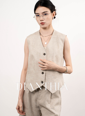 DianThia夏季亚麻薄款V领无袖马甲女2026新款老钱风背心气质马夹
