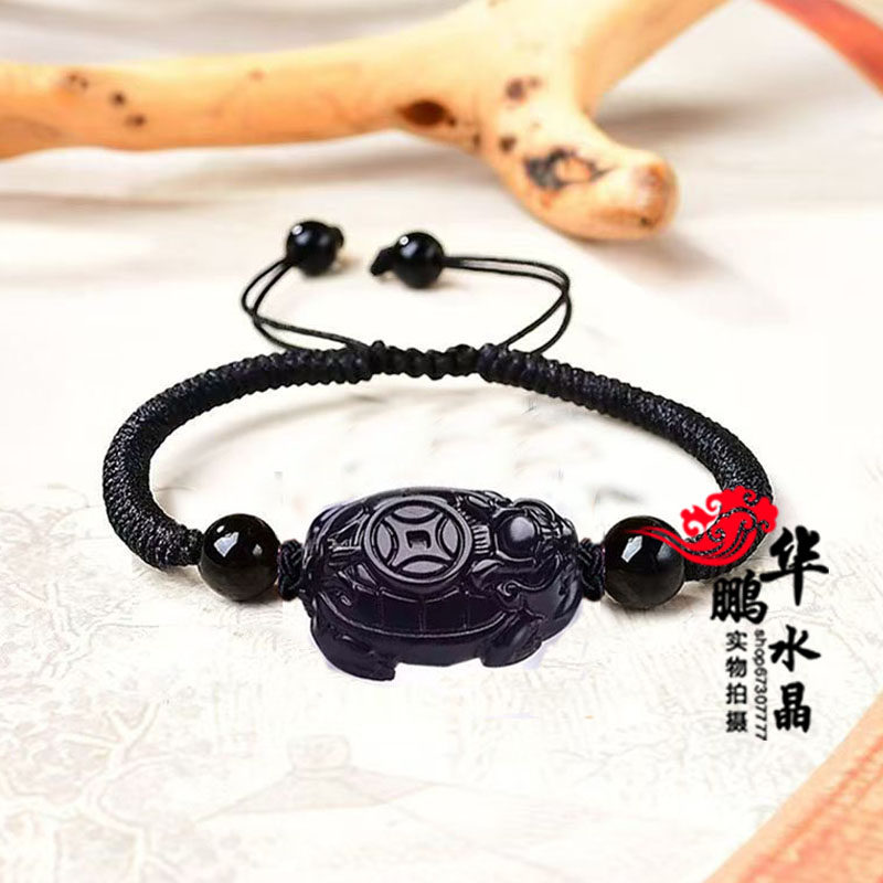 天然黑曜石龙龟手链开运吉祥招财龙龟保泰龙头龟平安车挂钥匙扣